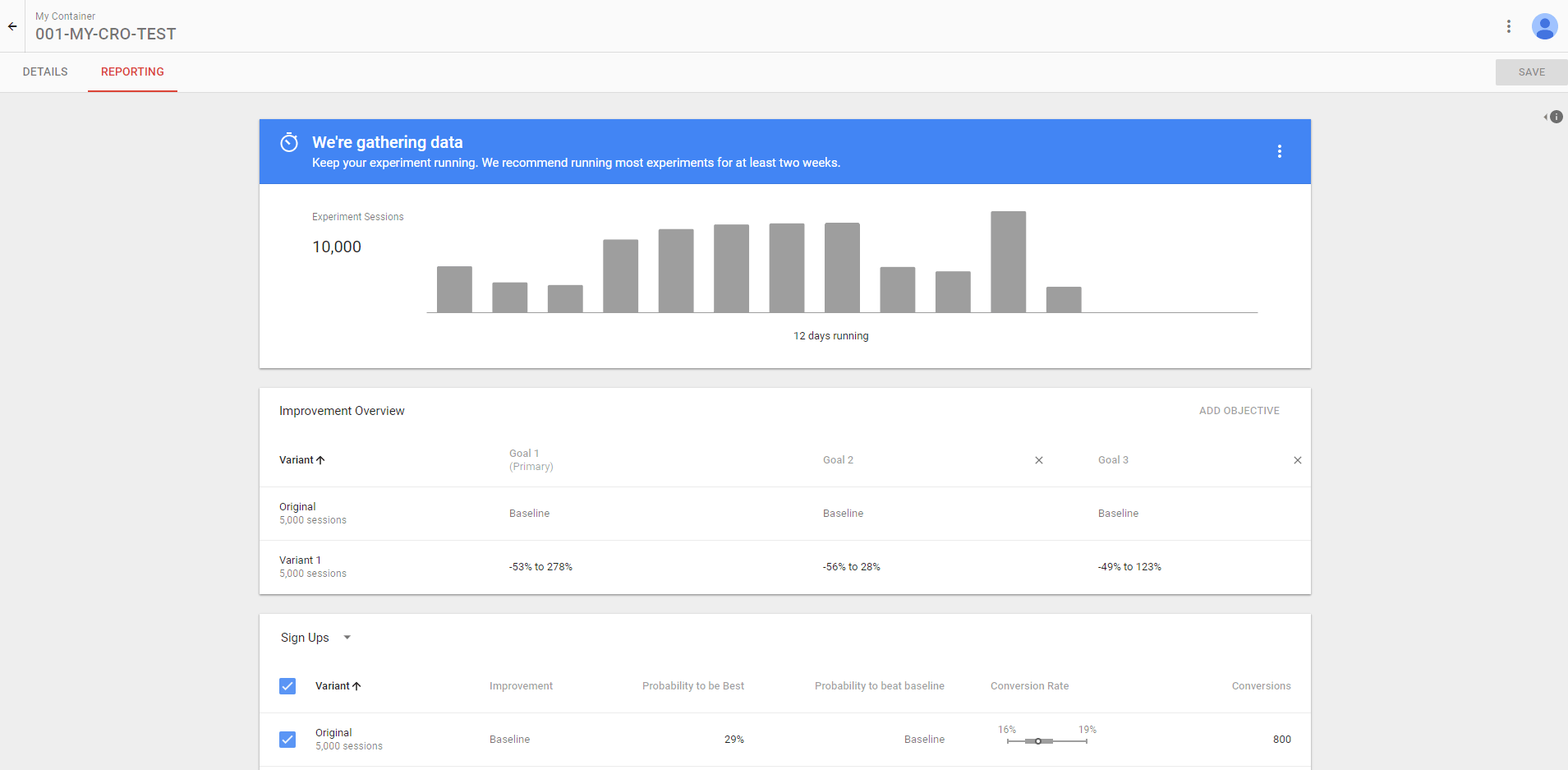 Google Optimize screenshot