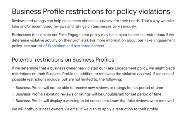 Business Profile Restrictions